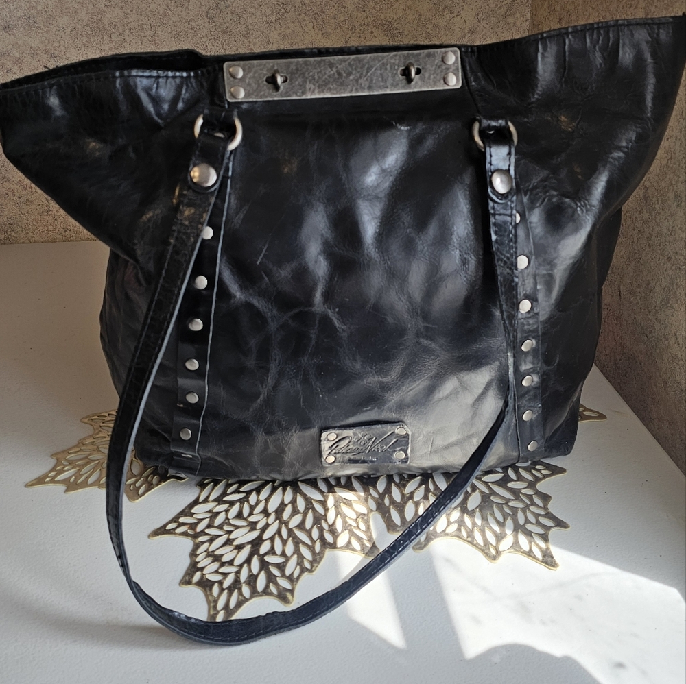 Patricia Nash Black and Silver Leather Tote with Studded Accents